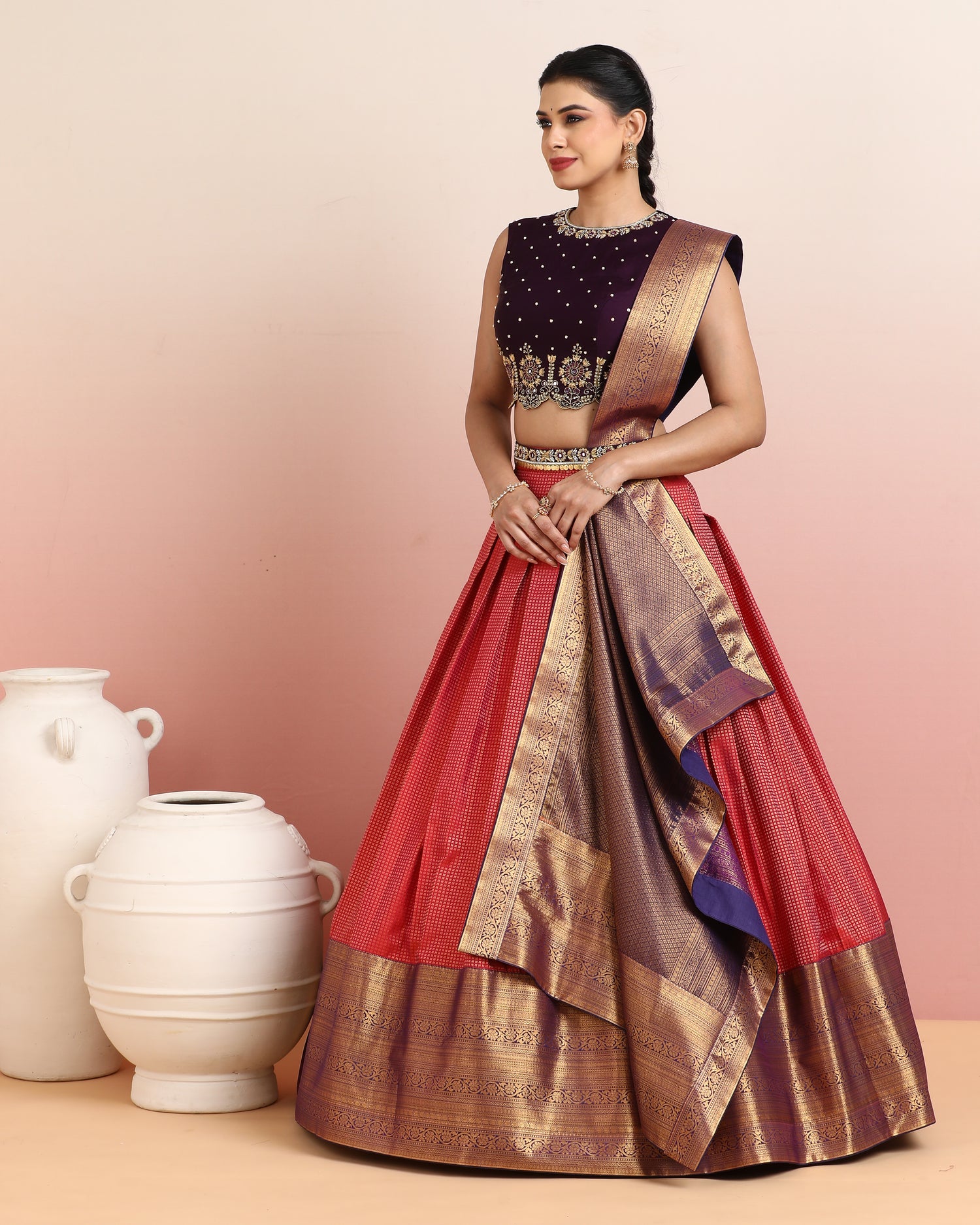 Pink &amp; Maroon Pre-Draped Lehenga Set