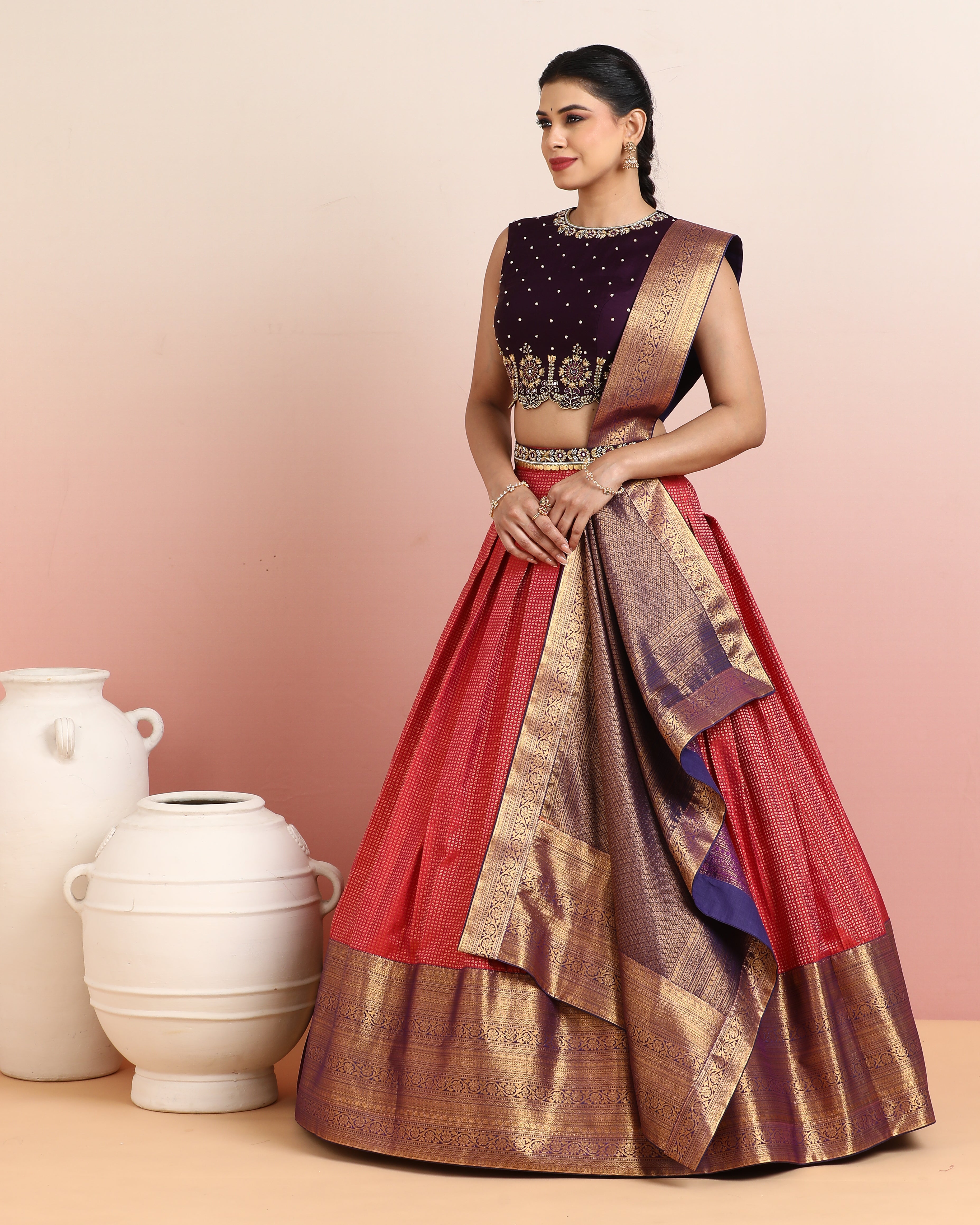 Pink &amp; Maroon Pre-Draped Lehenga Set