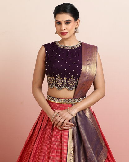 Pink &amp; Maroon Pre-Draped Lehenga Set