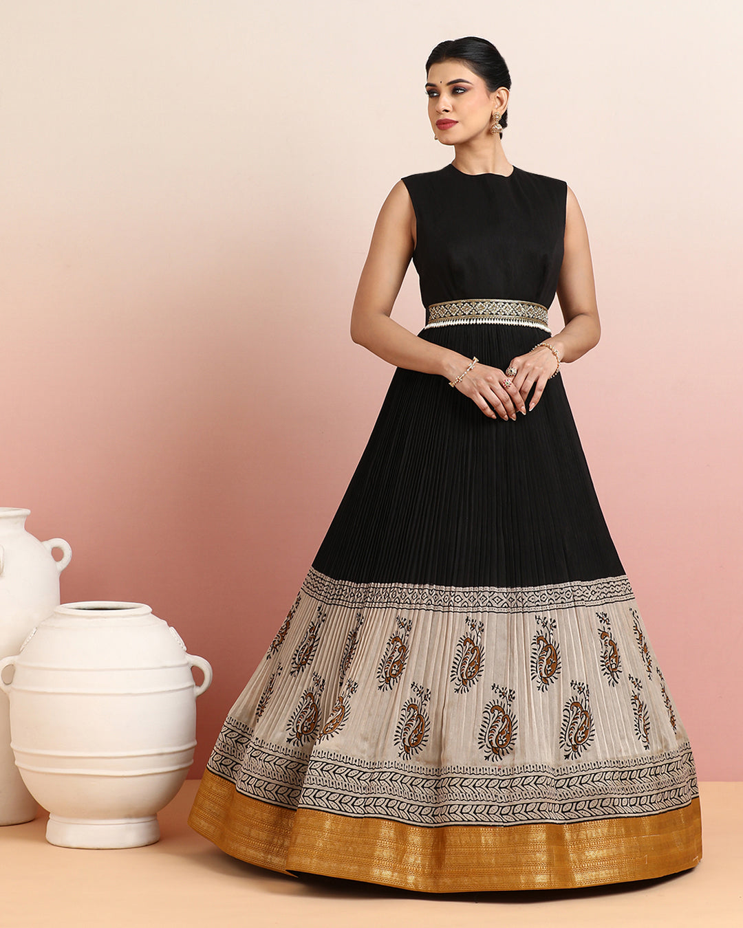 Black and Beige Anarkali with Golden Border