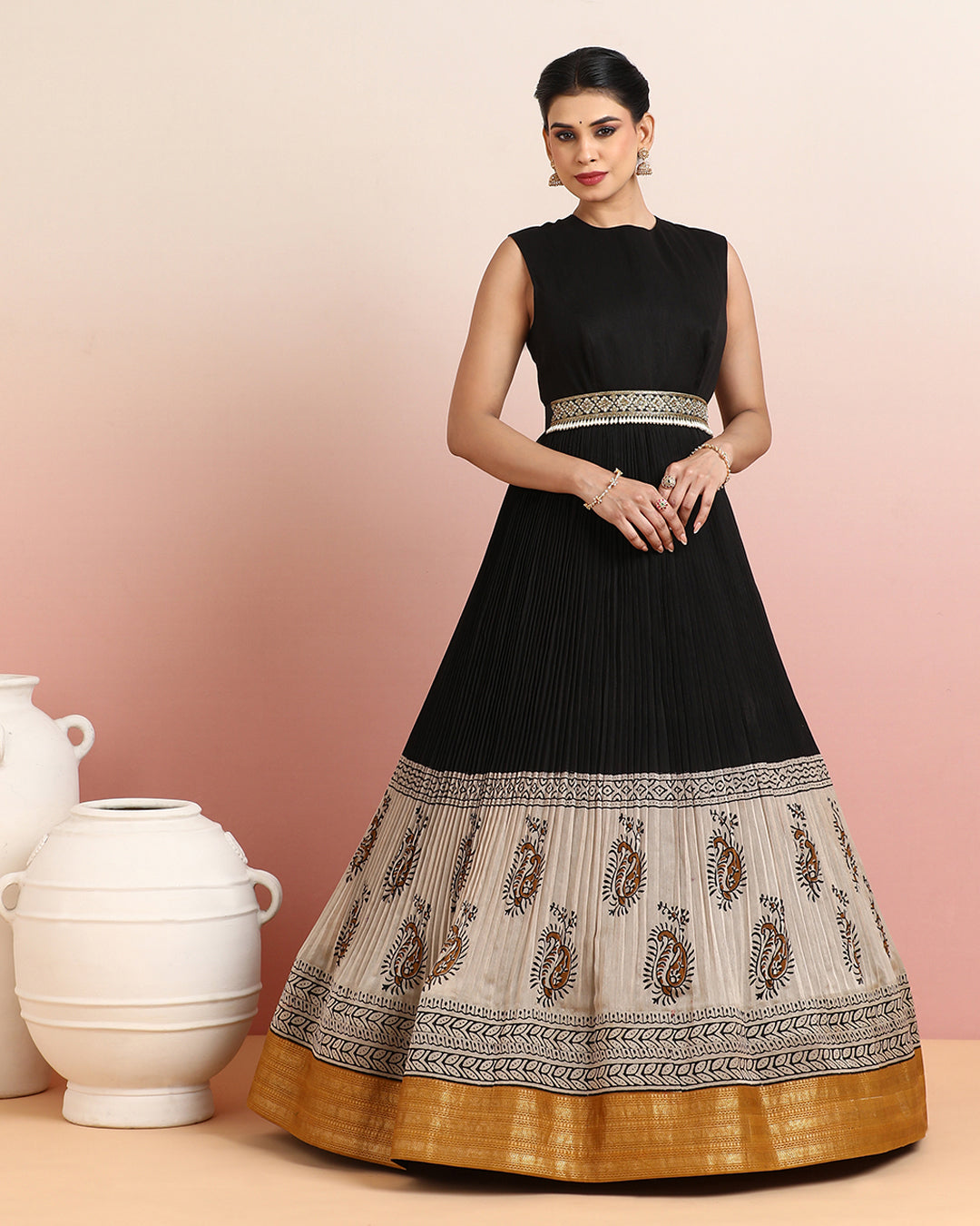 Black and Beige Anarkali with Golden Border
