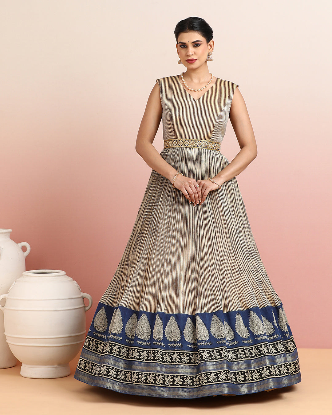 Beige and Blue Flared Anarkali with Intricate Golden Motifs and Printed Border