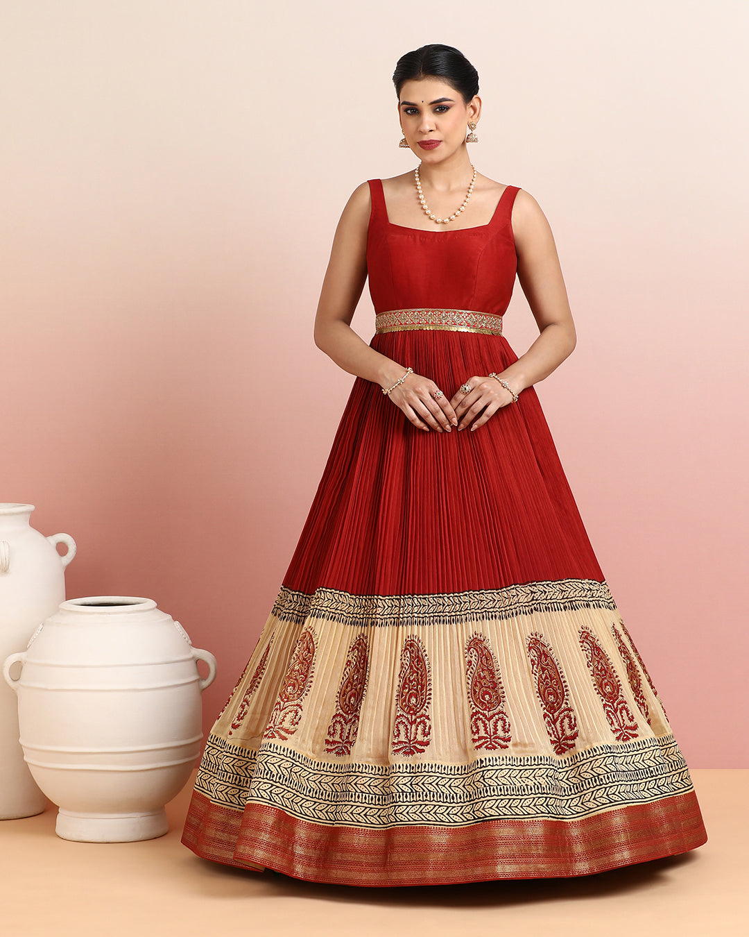 Red &amp; Cream Paisley Border Anarkali