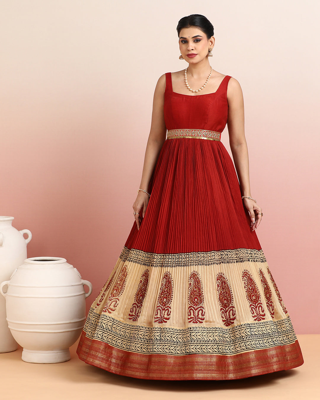 Red &amp; Cream Paisley Border Anarkali
