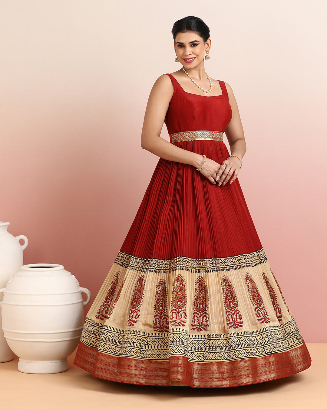 Red &amp; Cream Paisley Border Anarkali