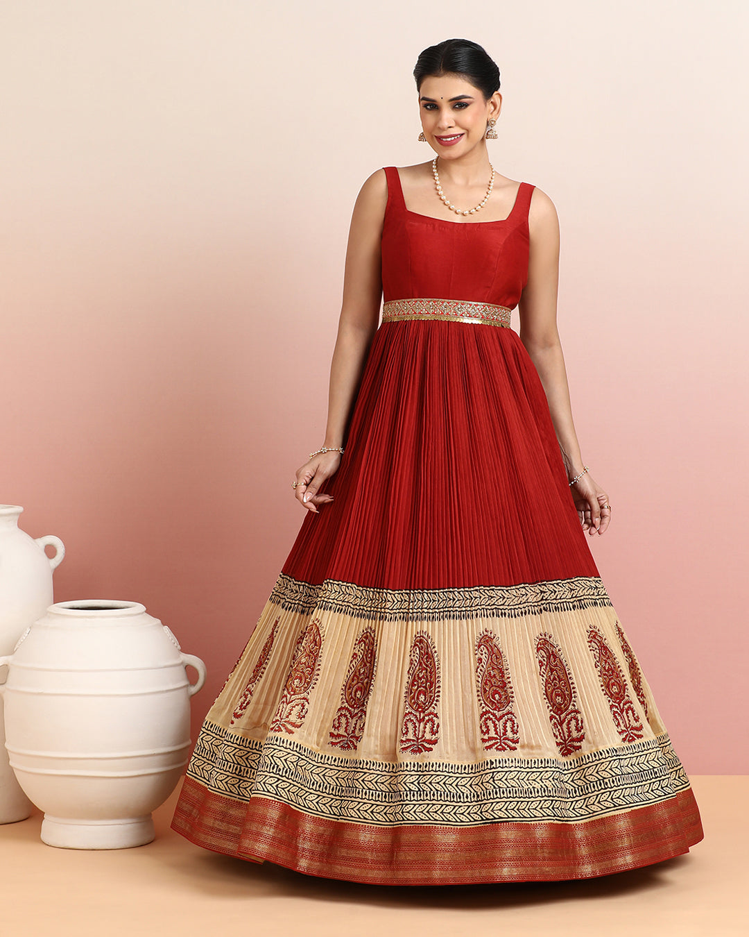 Red &amp; Cream Paisley Border Anarkali