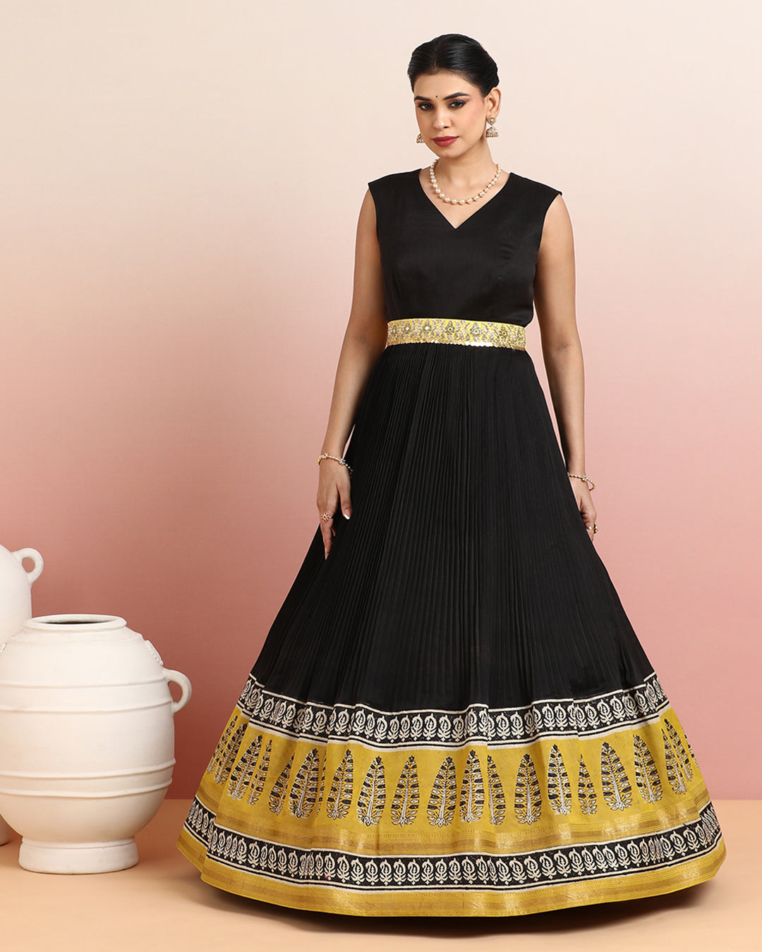 Black &amp; Mustard Leaf Motif Anarkali