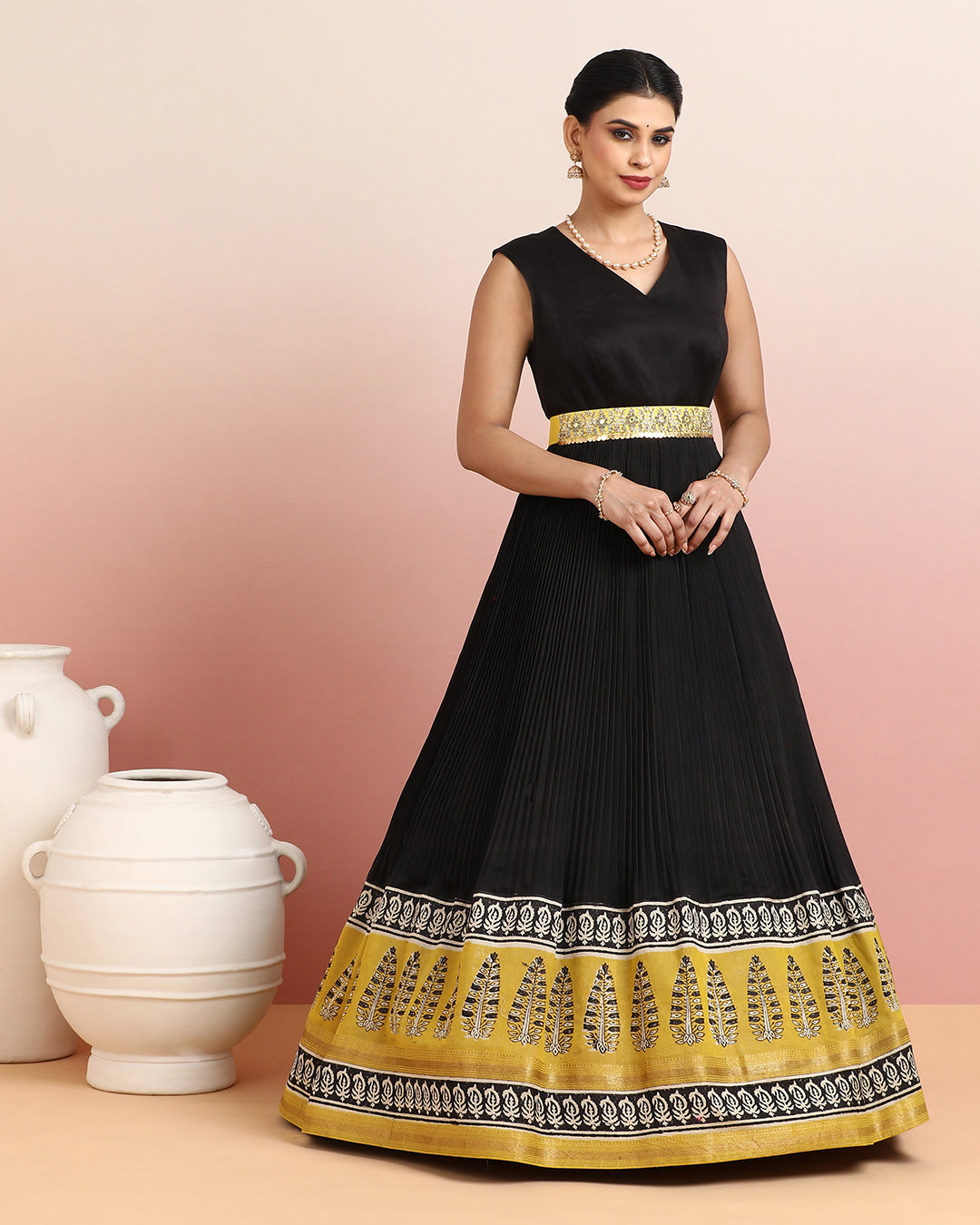 Black &amp; Mustard Leaf Motif Anarkali