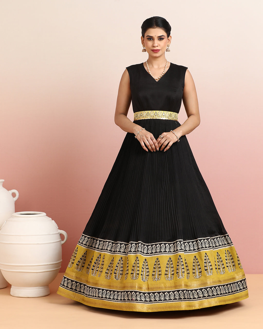 Black &amp; Mustard Leaf Motif Anarkali