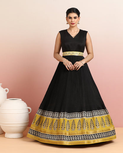 Black &amp; Mustard Leaf Motif Anarkali