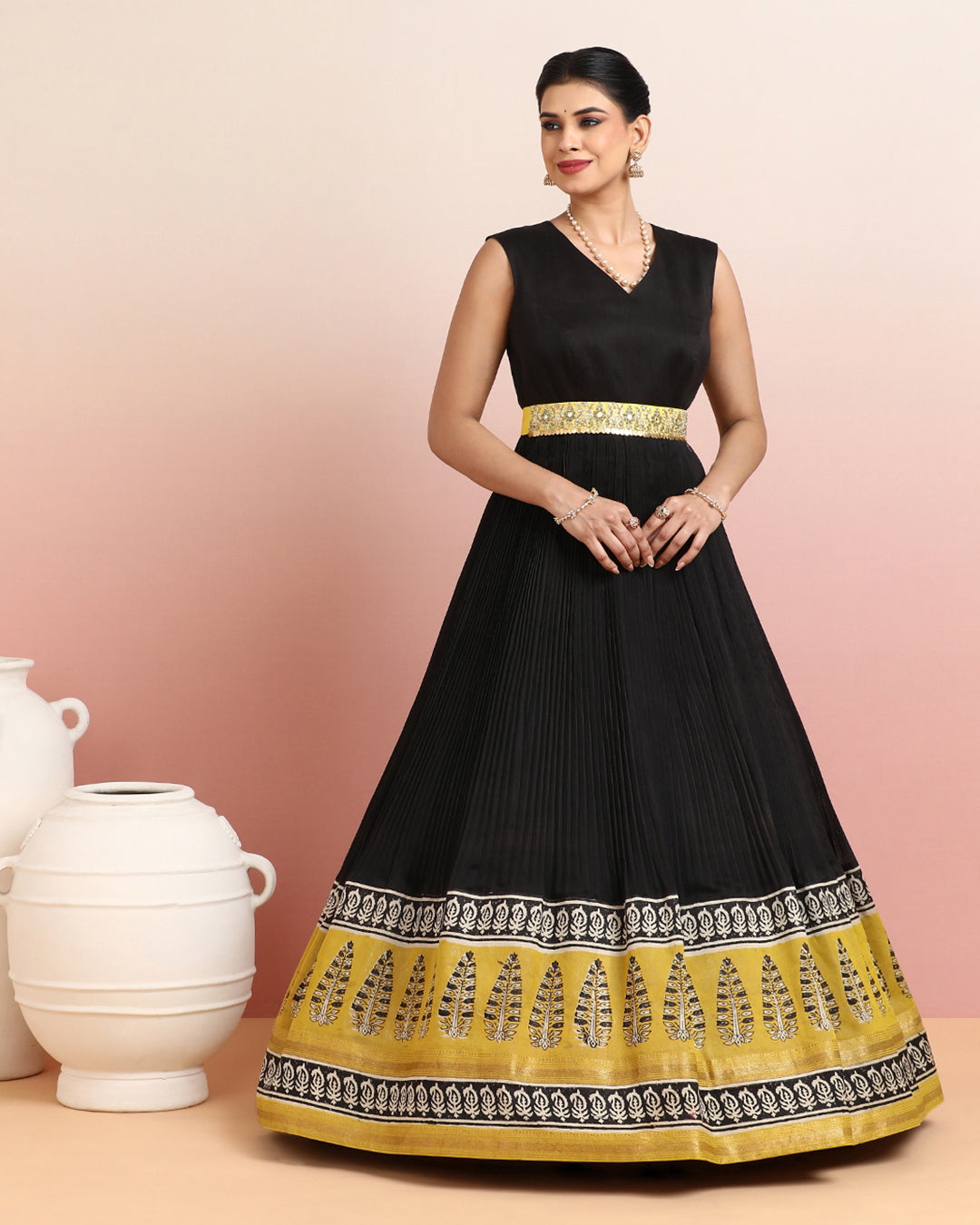 Black &amp; Mustard Leaf Motif Anarkali