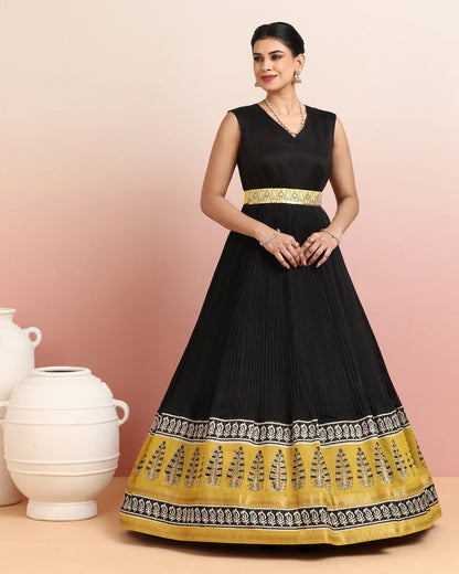 Black &amp; Mustard Leaf Motif Anarkali