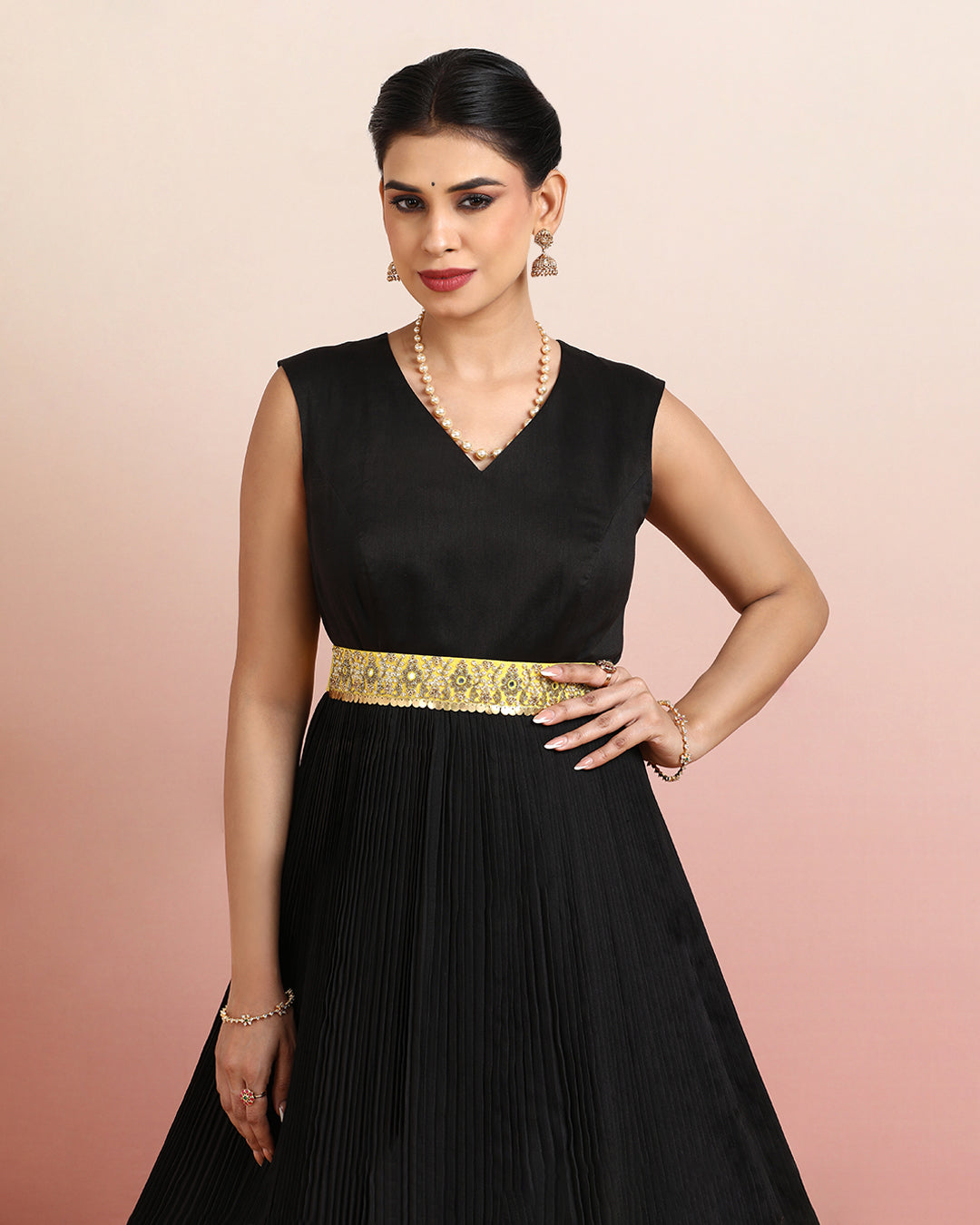 Black &amp; Mustard Leaf Motif Anarkali