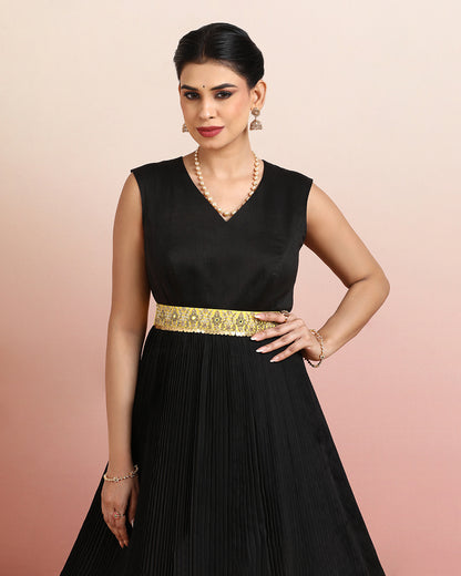 Black &amp; Mustard Leaf Motif Anarkali