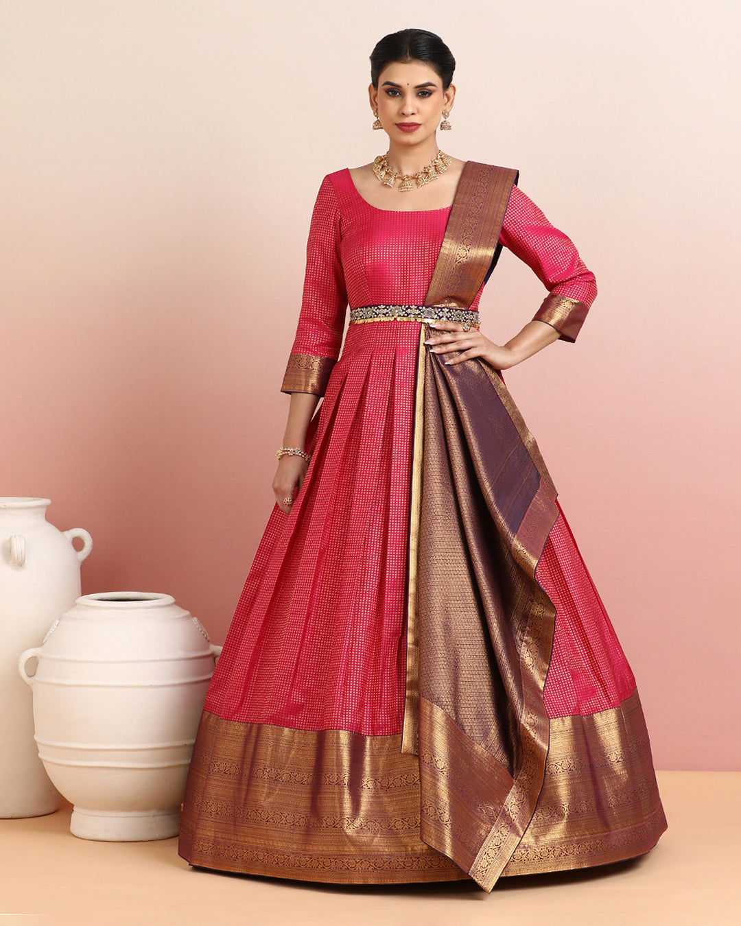 Rani Pink and Purple Kanchipuram Anarkali Set
