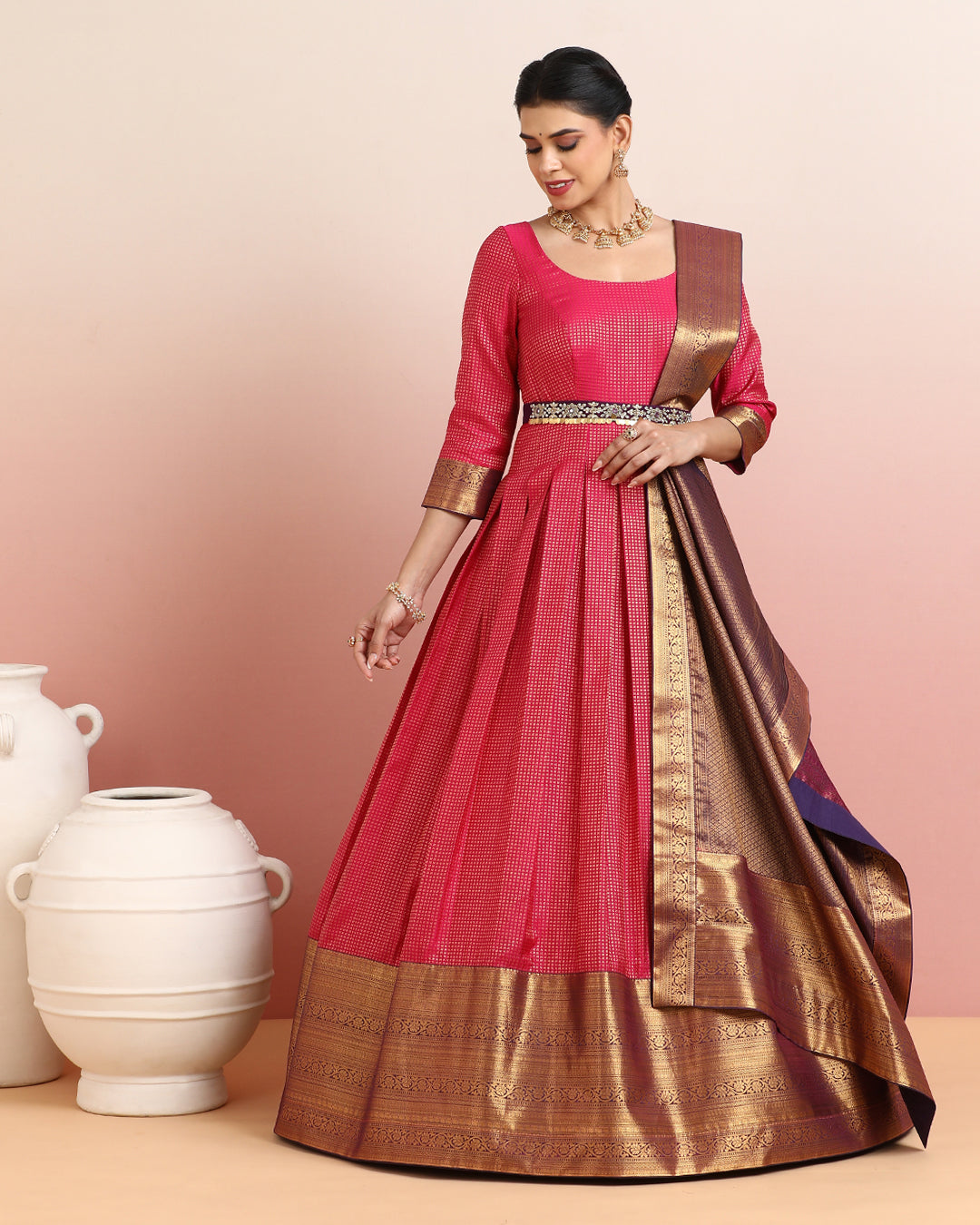 Rani Pink and Purple Kanchipuram Anarkali Set