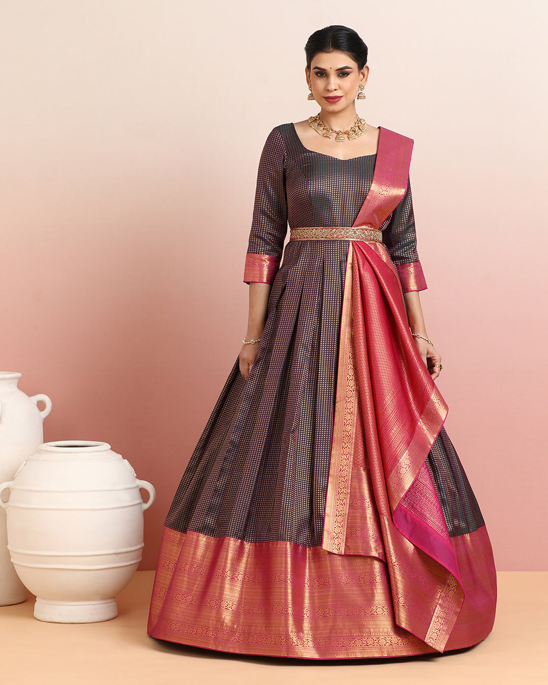Brownish Purple and Rani Pink Pre Draped Kanchipuram Anarkali Set