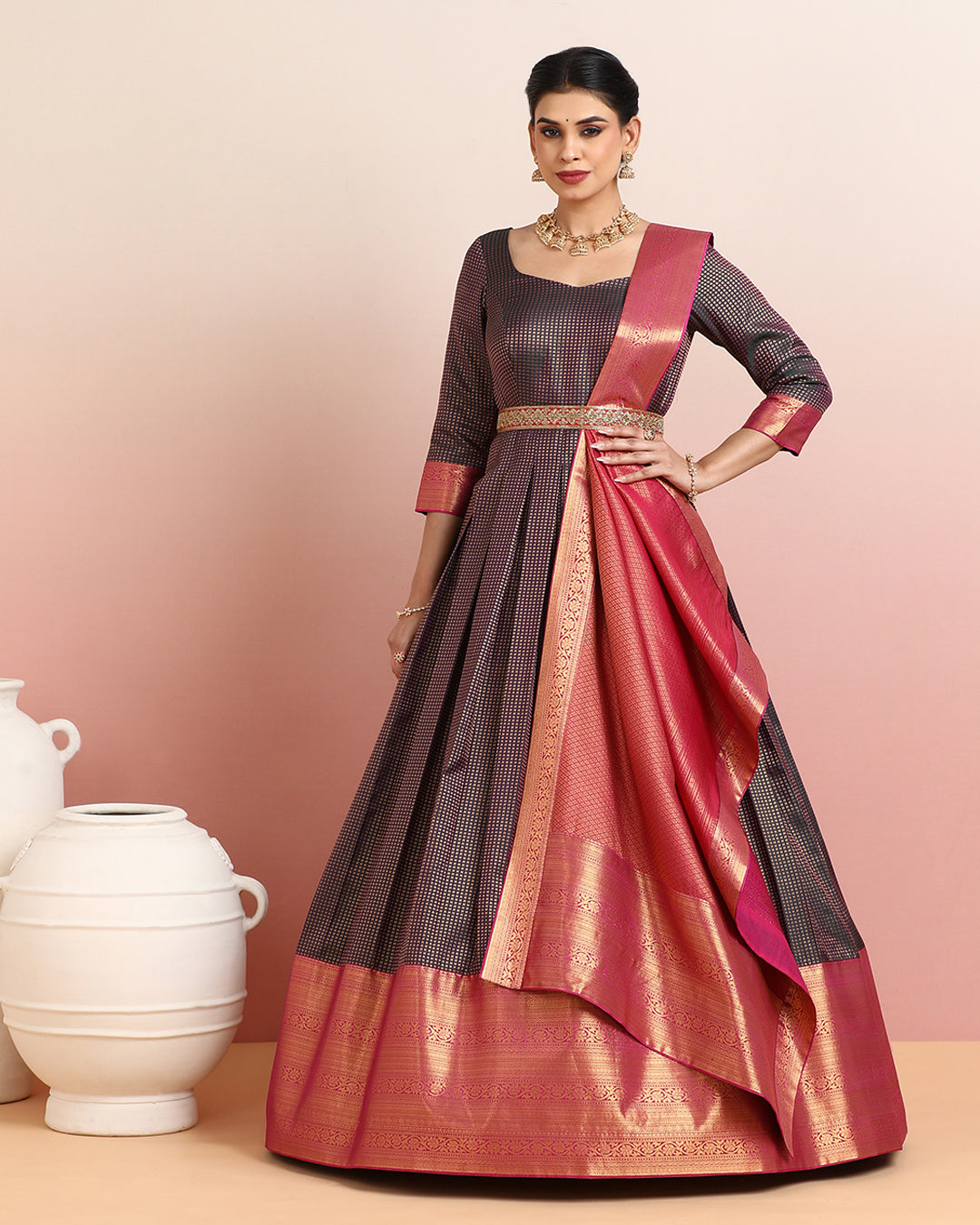 Brownish Purple and Rani Pink Pre Draped Kanchipuram Anarkali Set