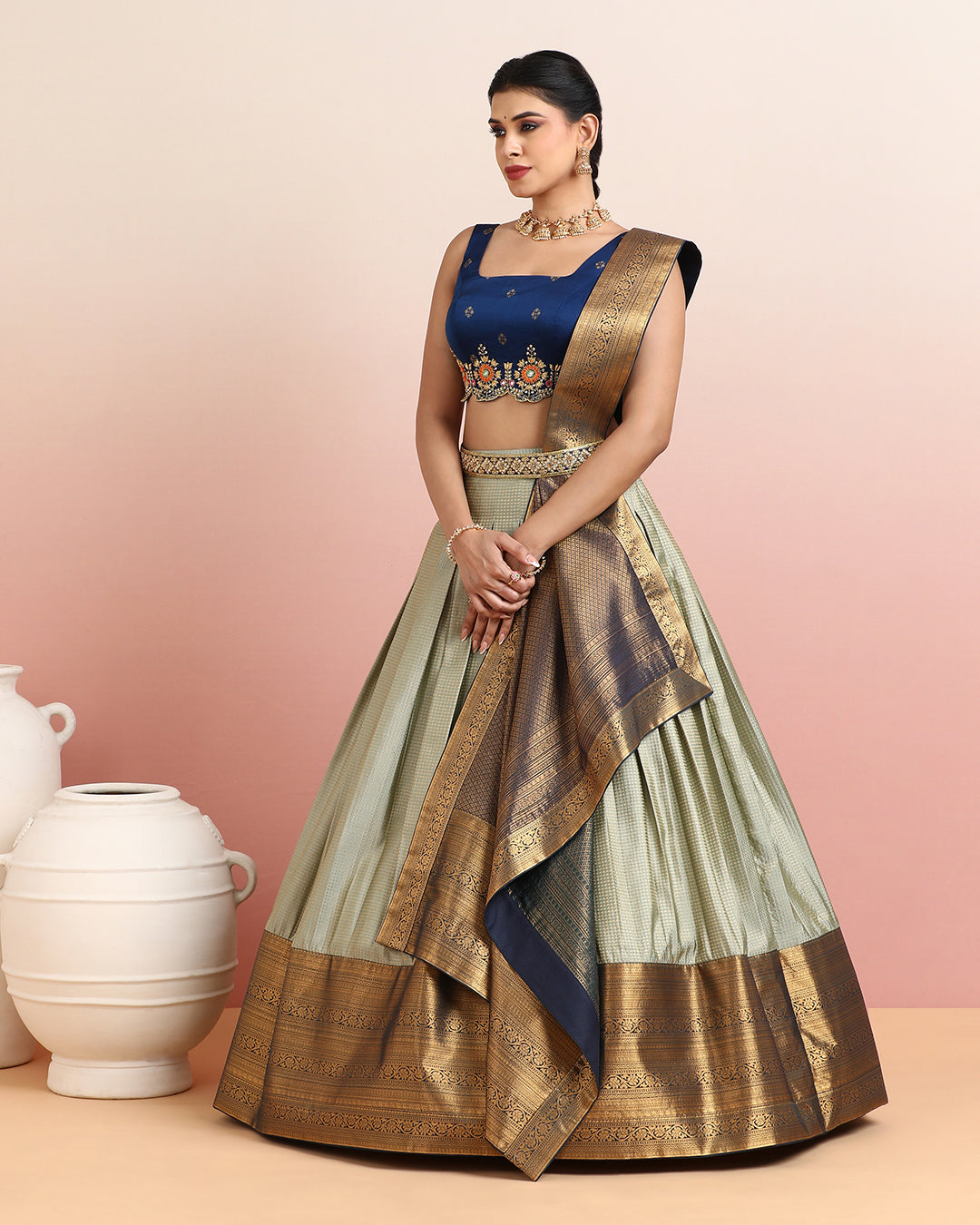 Navy Blue and Sage Green Kanchipuram Pre Draped Lehanga Set