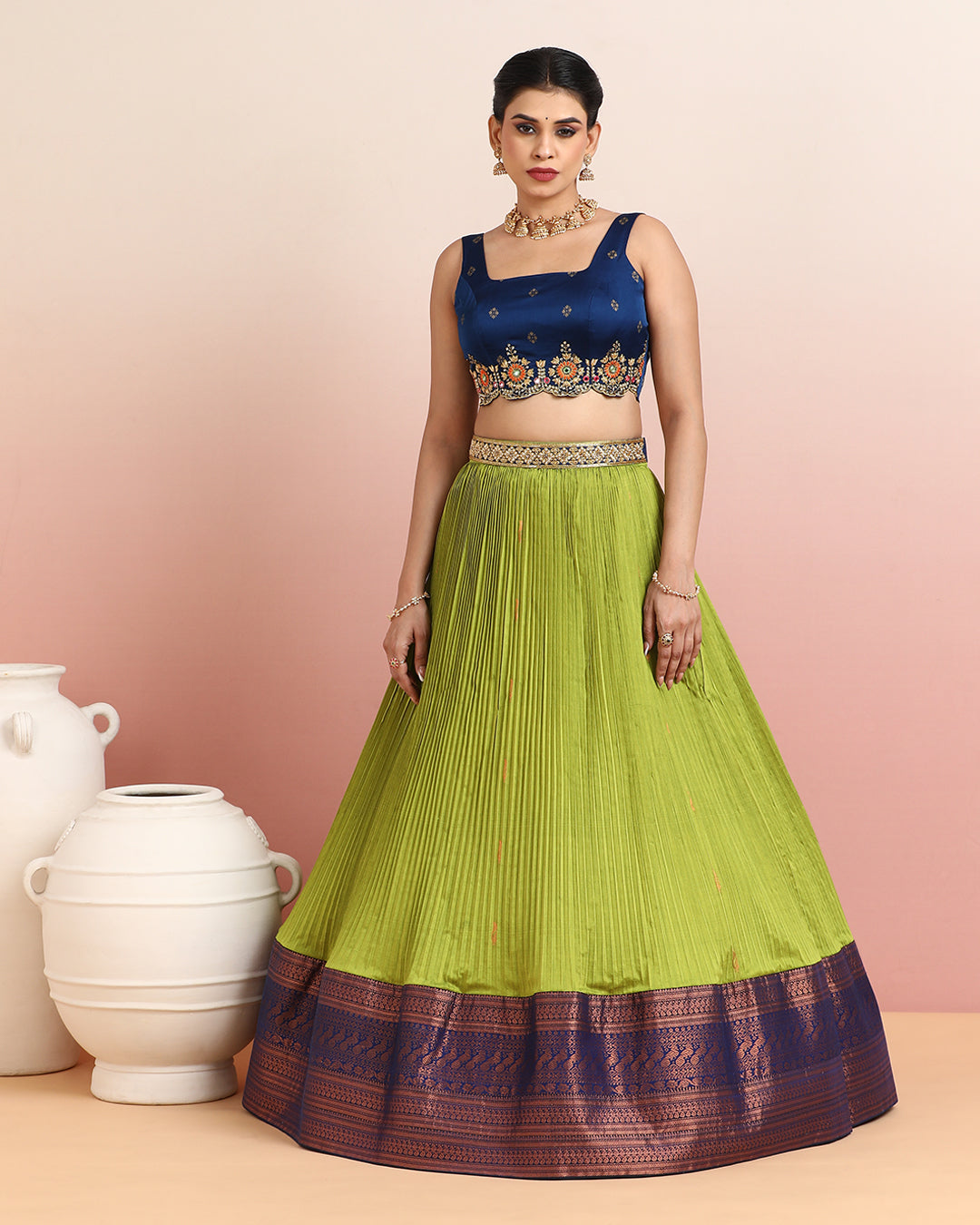 Navy Blue and Parrot Green Lehenga Set with Embroidered Blouse