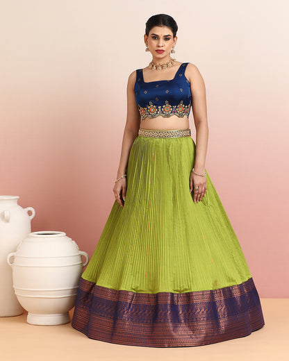Navy Blue and Parrot Green Lehenga Set with Embroidered Blouse