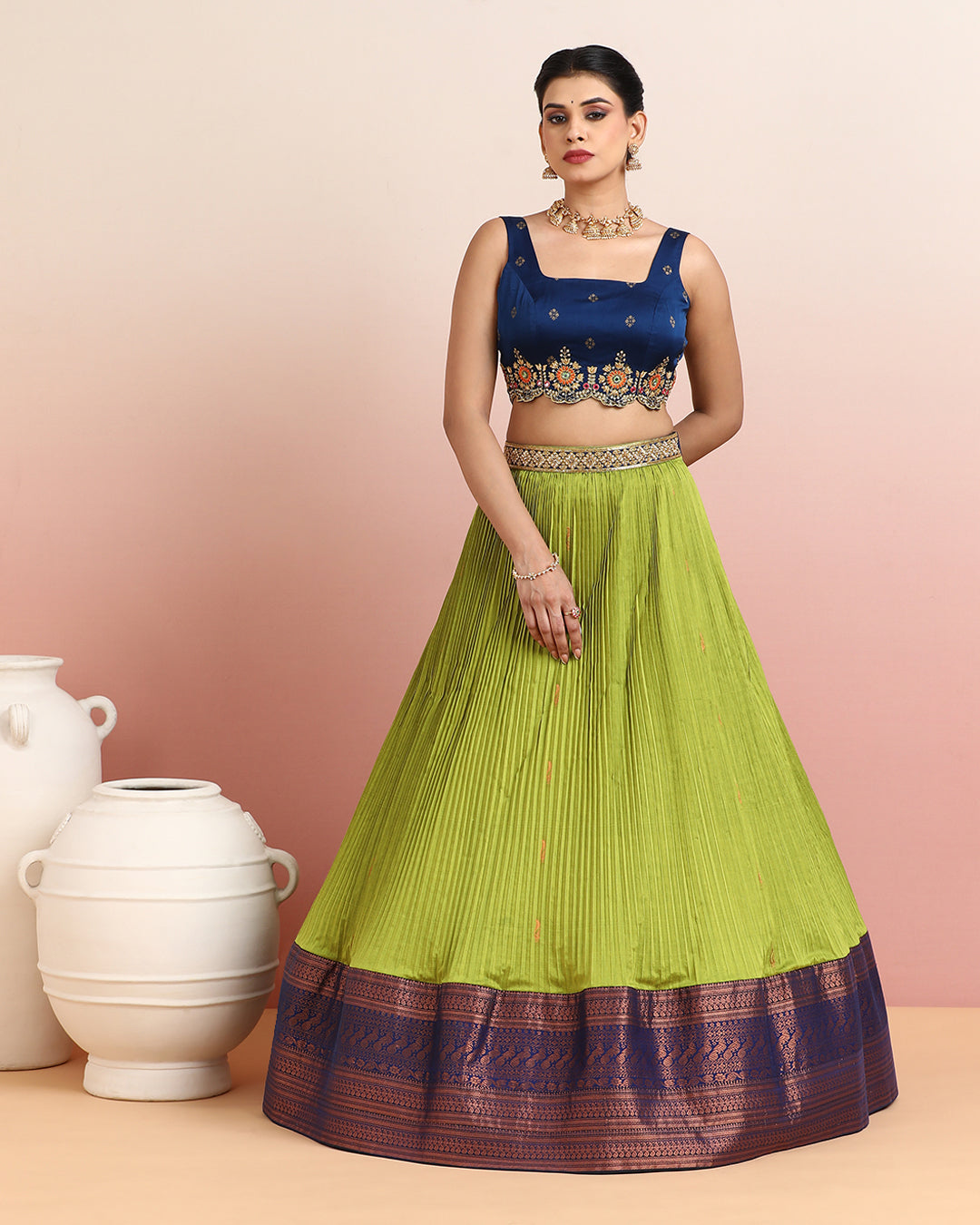 Navy Blue and Parrot Green Lehenga Set with Embroidered Blouse