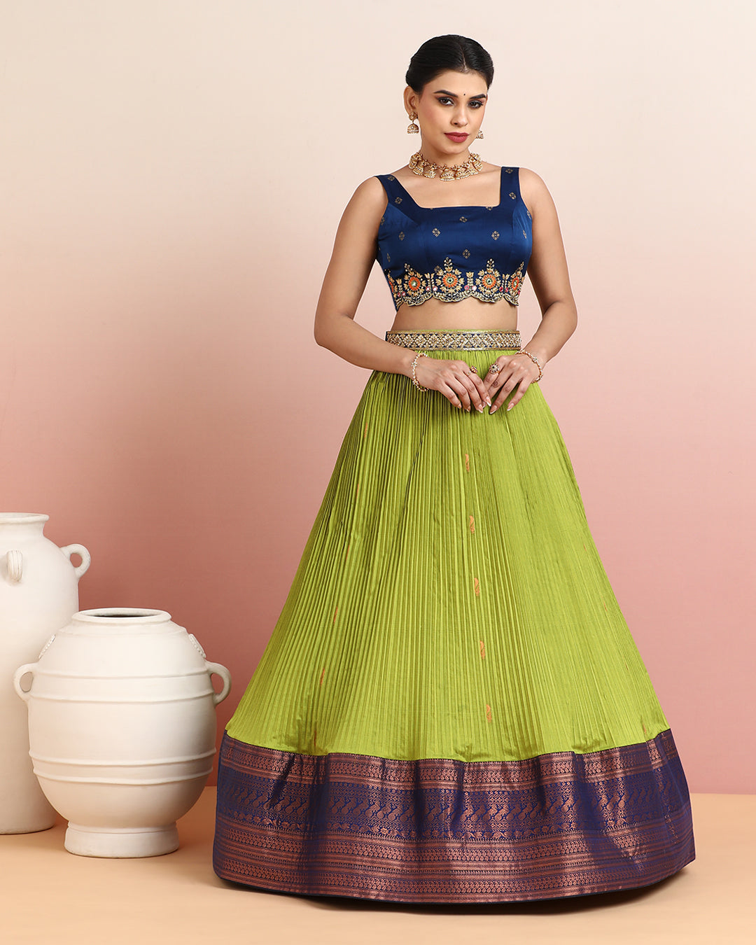 Navy Blue and Parrot Green Lehenga Set with Embroidered Blouse