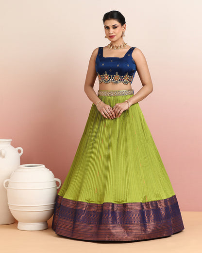 Navy Blue and Parrot Green Lehenga Set with Embroidered Blouse