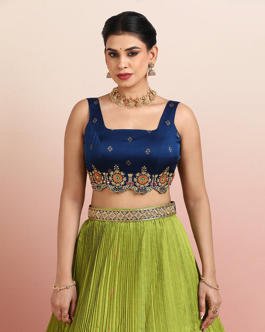 Navy Blue and Parrot Green Lehenga Set with Embroidered Blouse