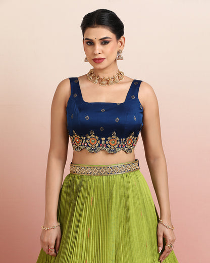 Navy Blue and Parrot Green Lehenga Set with Embroidered Blouse