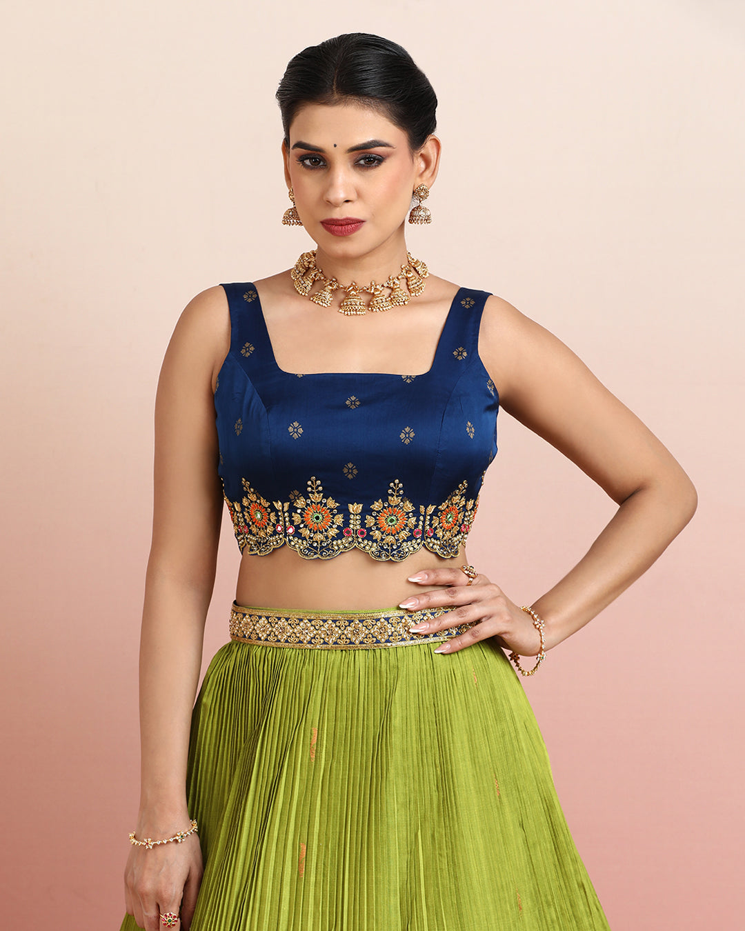 Navy Blue and Parrot Green Lehenga Set with Embroidered Blouse