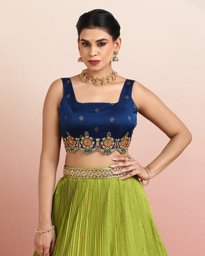 Navy Blue and Parrot Green Lehenga Set with Embroidered Blouse