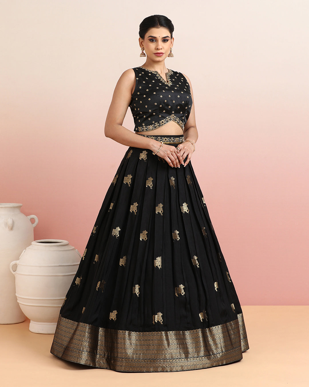 Black Crop Top &amp; Pichwai Motif Skirt