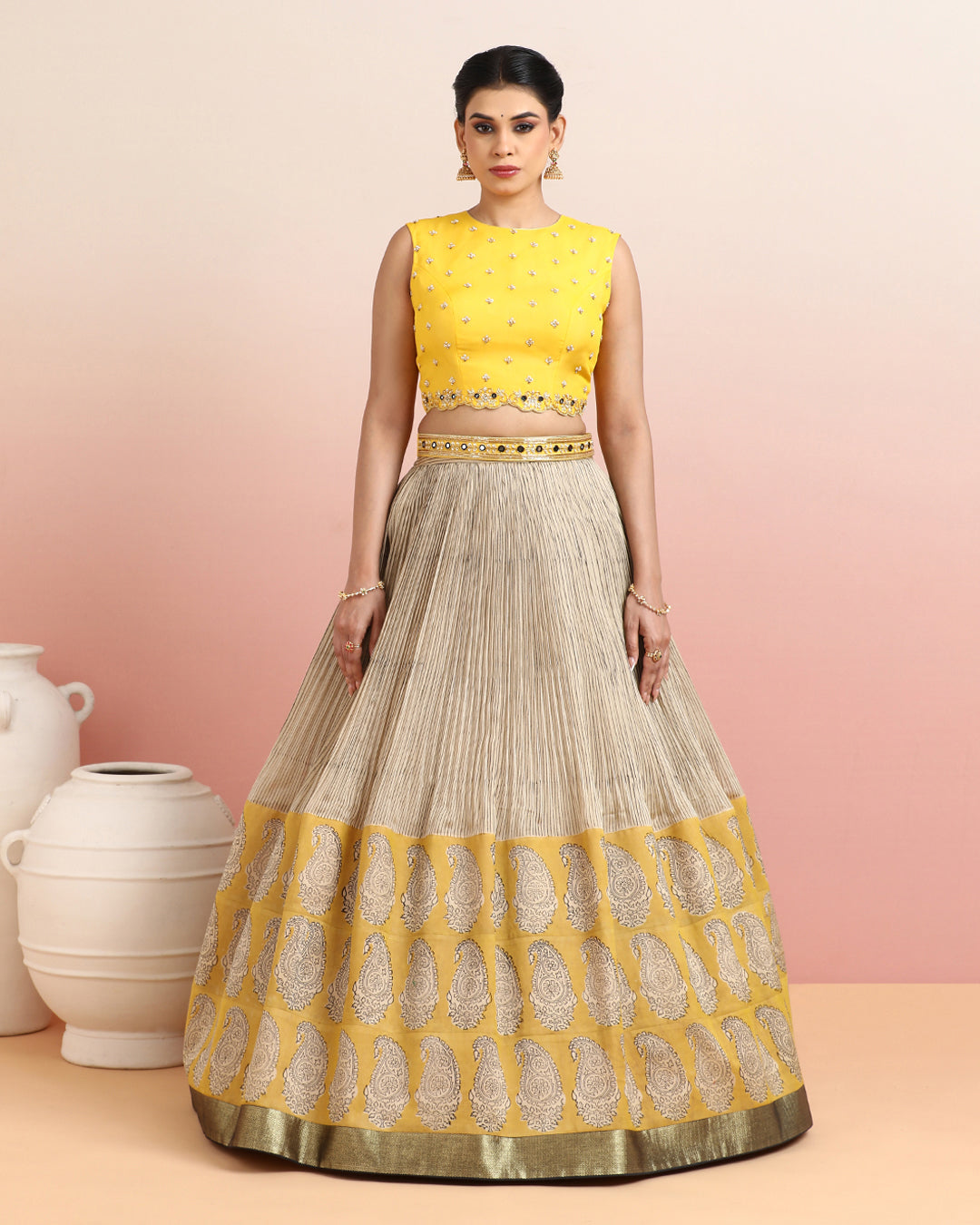 Yellow Crop Top &amp; Beige Skirt Set