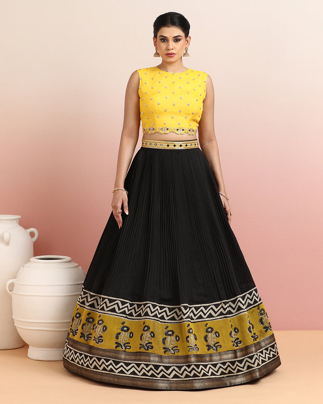 Yellow Embroidered Crop Top with Black Floral Border Skirt