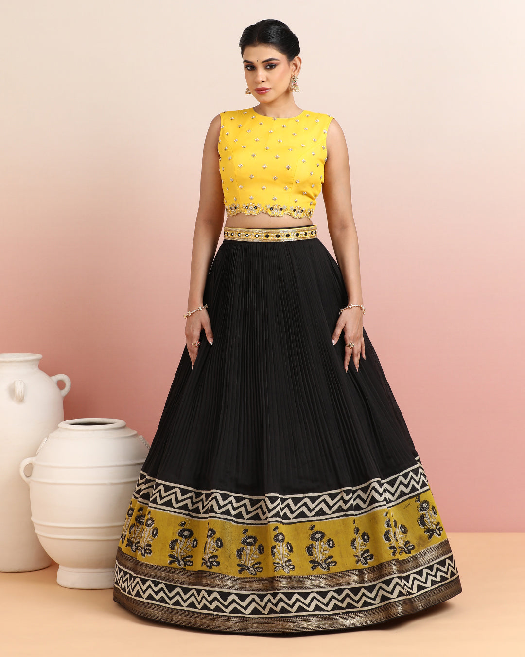 Yellow Embroidered Crop Top with Black Floral Border Skirt
