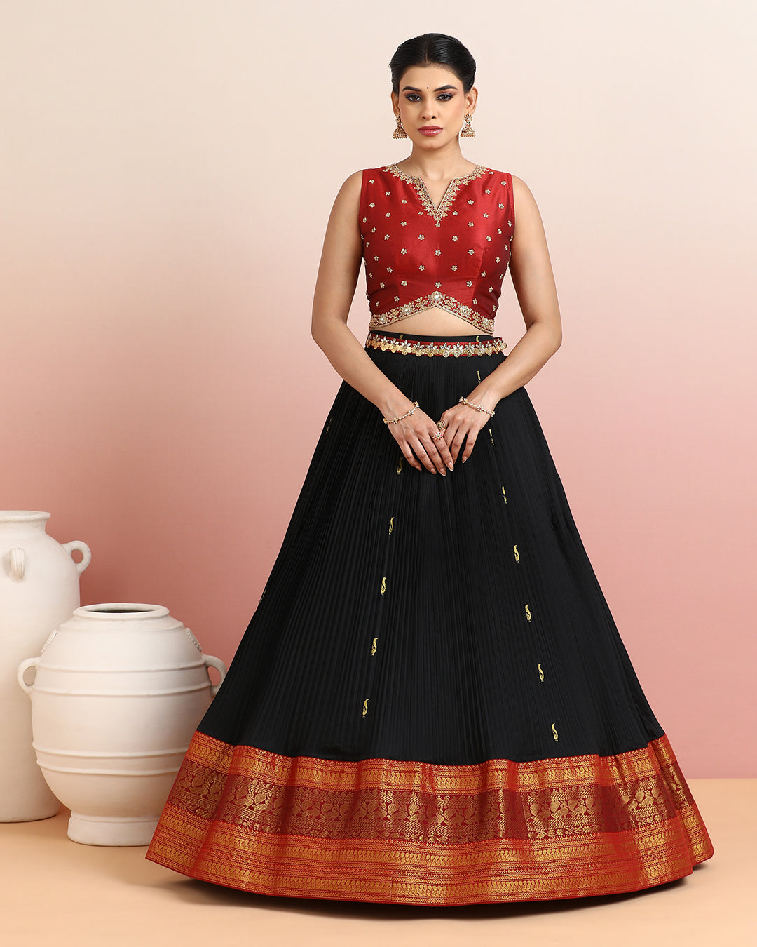Maroon Crop Top &amp; Black Skirt Set