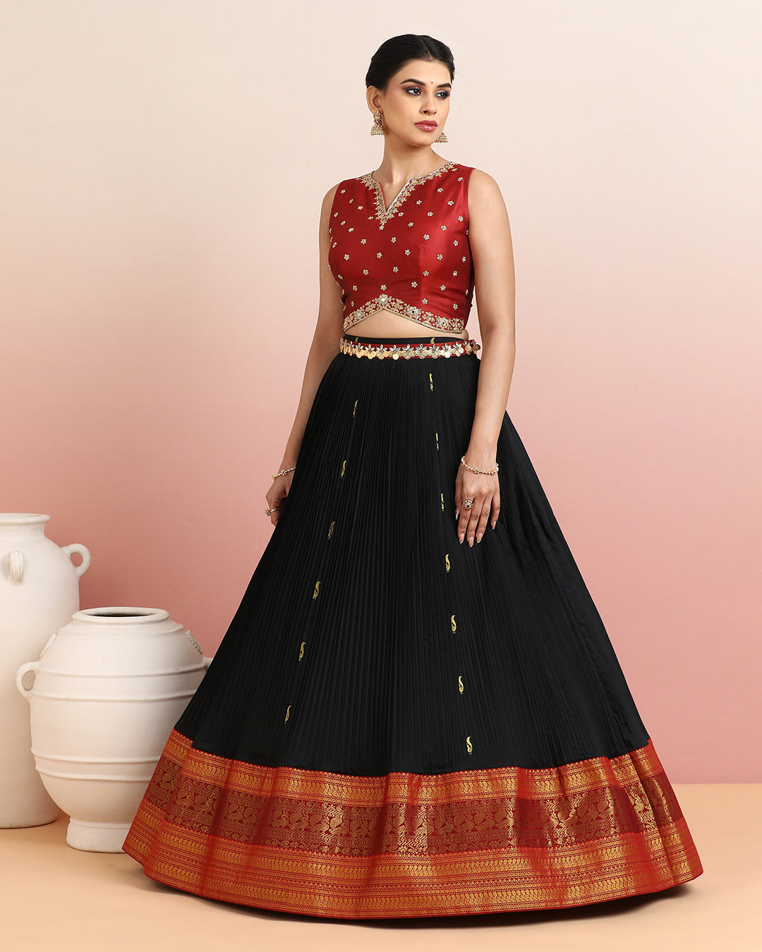 Maroon Crop Top &amp; Black Skirt Set
