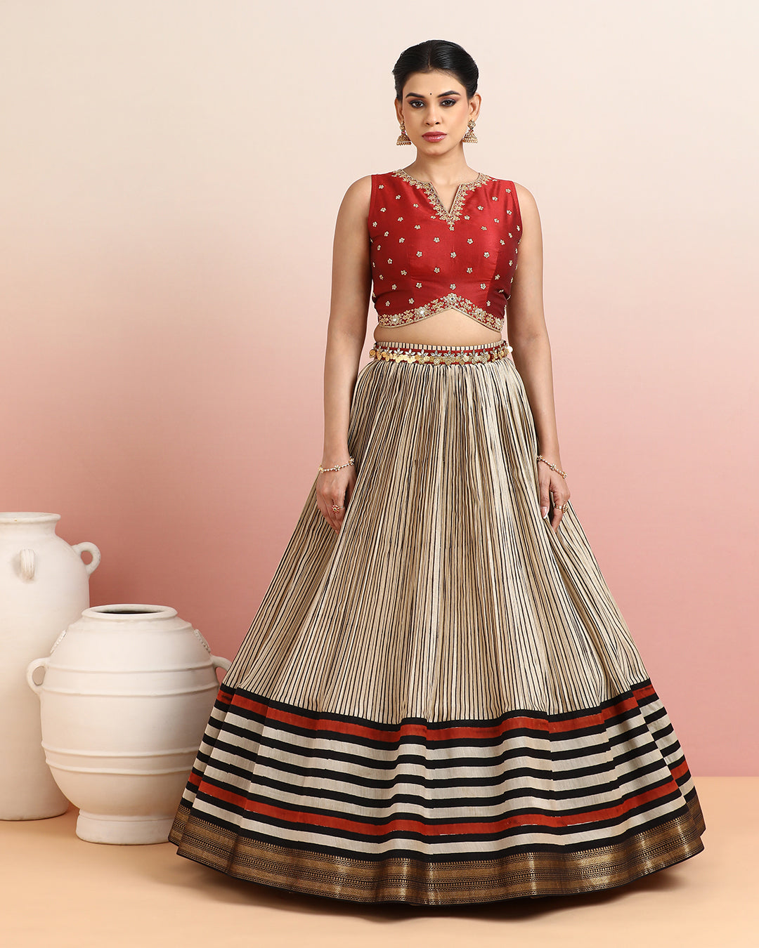 Maroon Crop Top &amp; Striped Skirt Set
