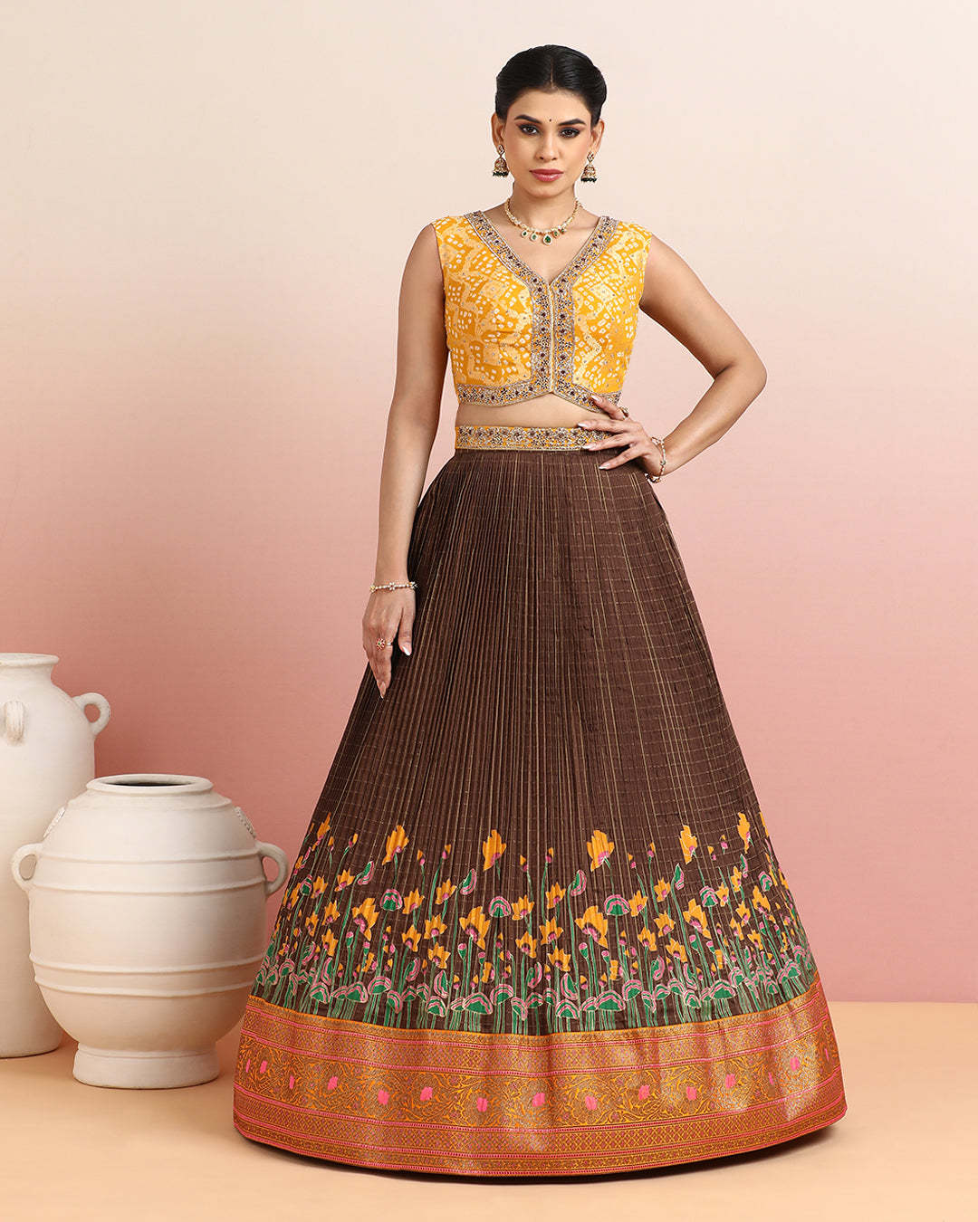 Mustard Bandhej Blouse with a Hand Block Printed Brown Skirt