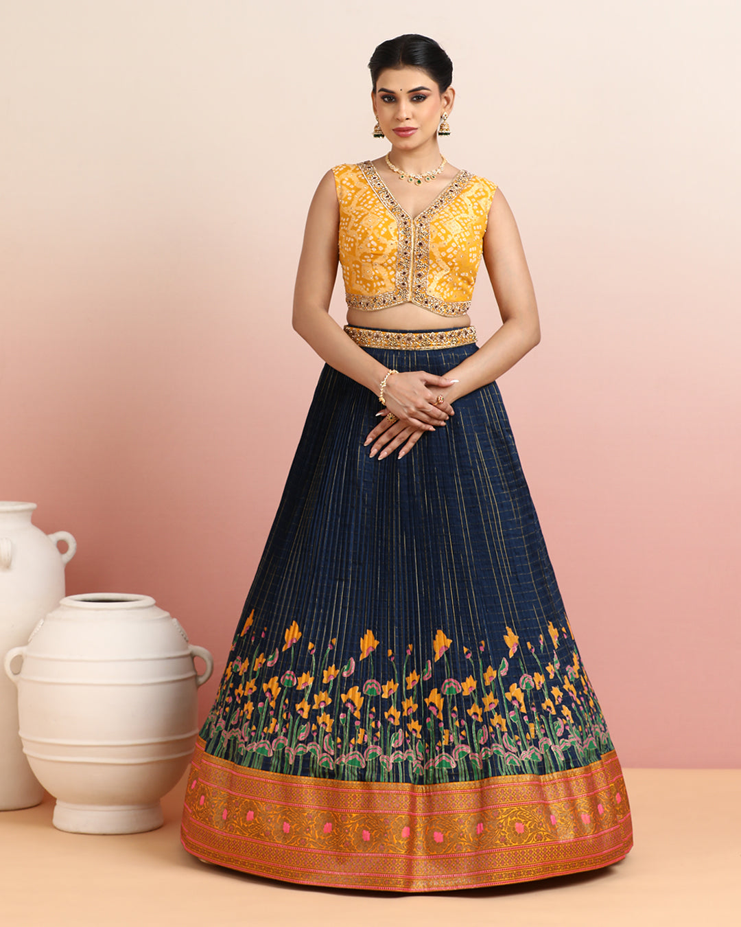 Navy Blue Floral Skirt with Mustard Bandhej Crop Top