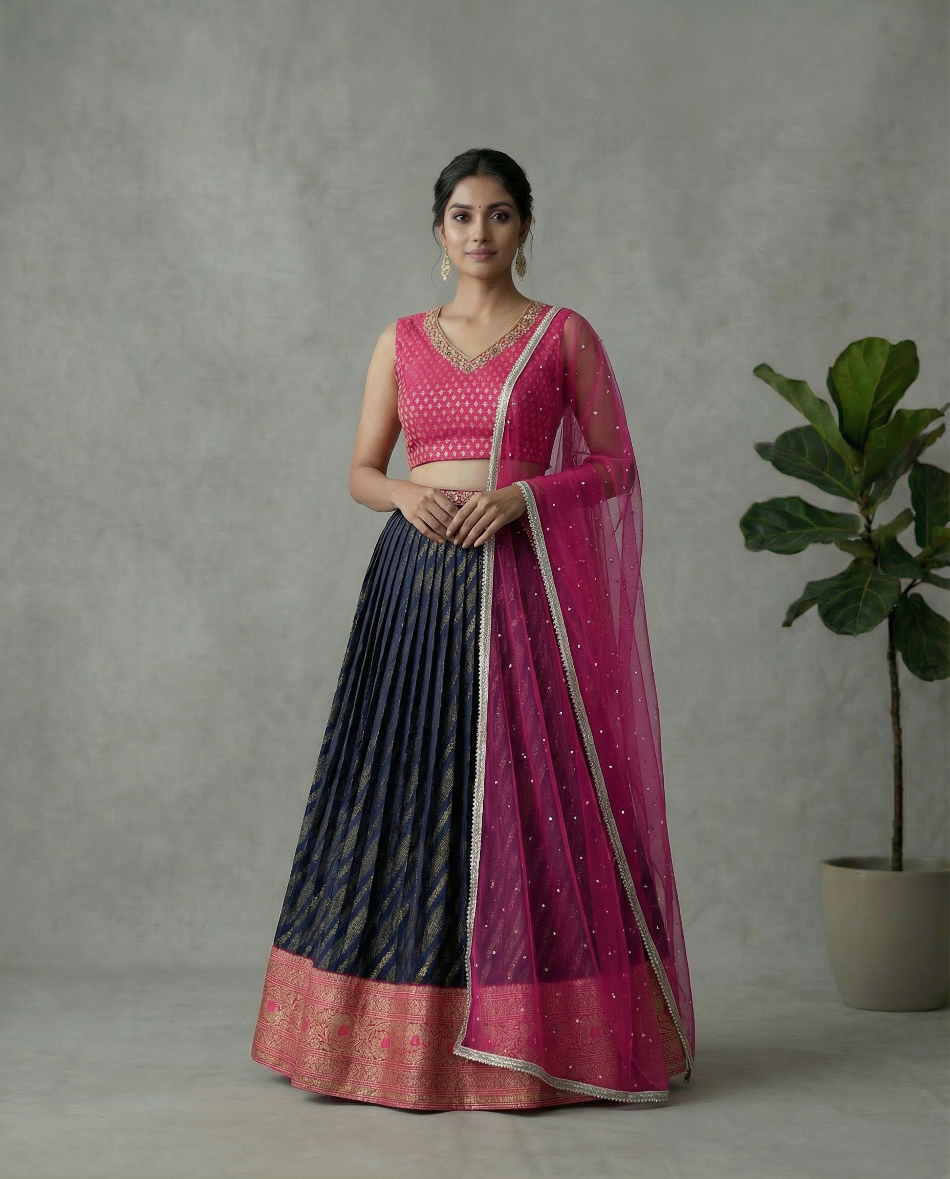 Pink &amp; Navy Blue Lehenga Set