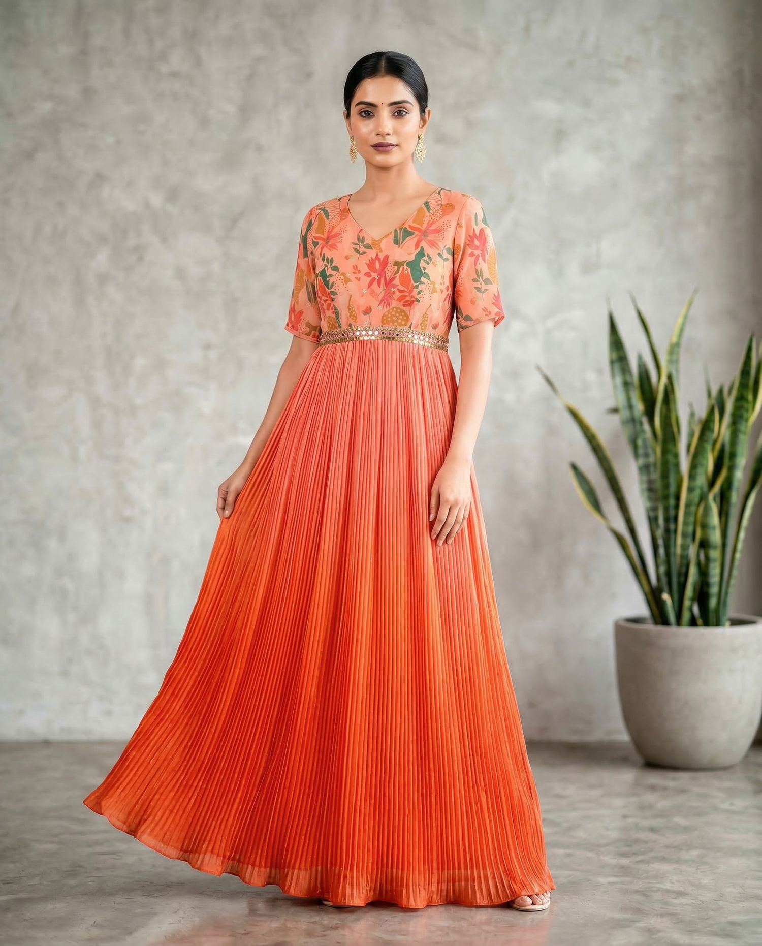 Peach Floral Pleated Anarkali Dress