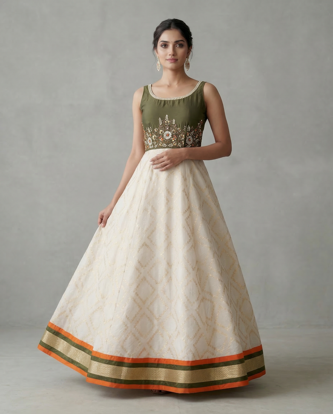 Ivory &amp; Olive Green Anarkali