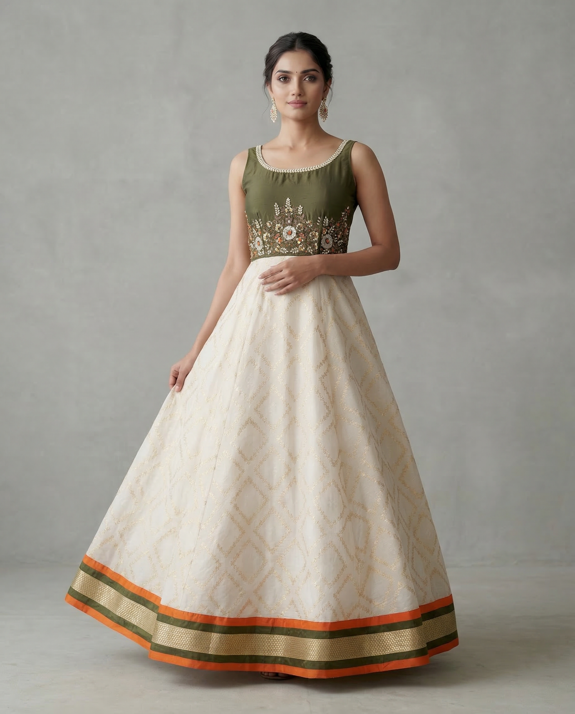 Ivory &amp; Olive Green Anarkali