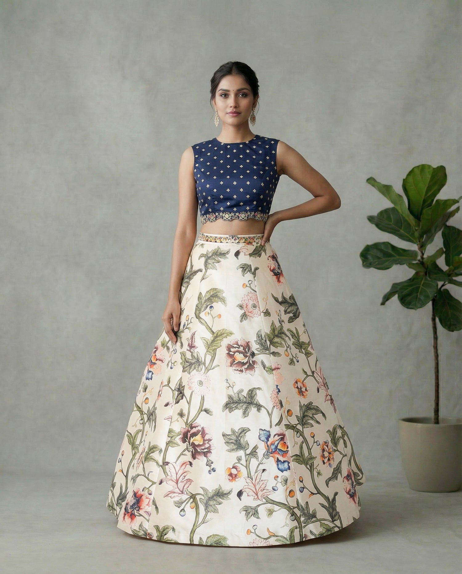 Midnight Blue &amp; Ivory Floral Lehenga Set