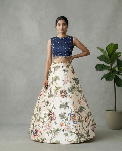Midnight Blue &amp; Ivory Floral Lehenga Set