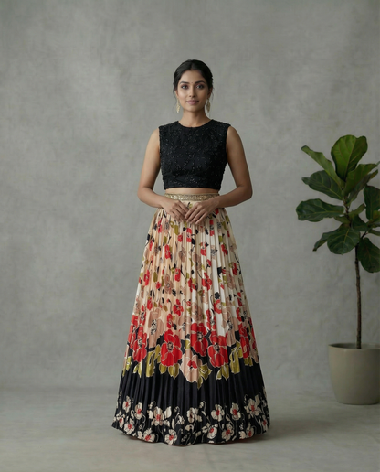 Chic Black Floral Pleated Lehenga