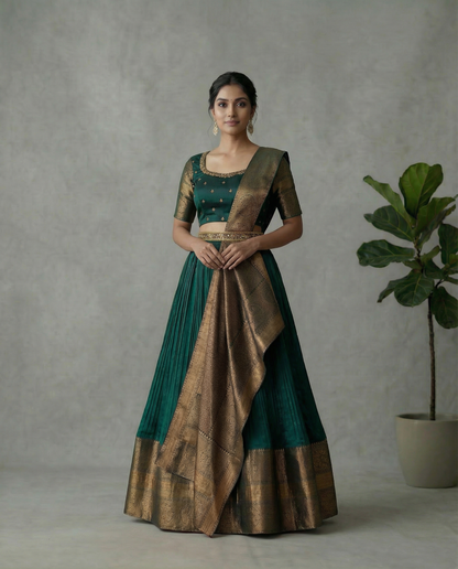 Teal Green Pre Draped Lehanga Set