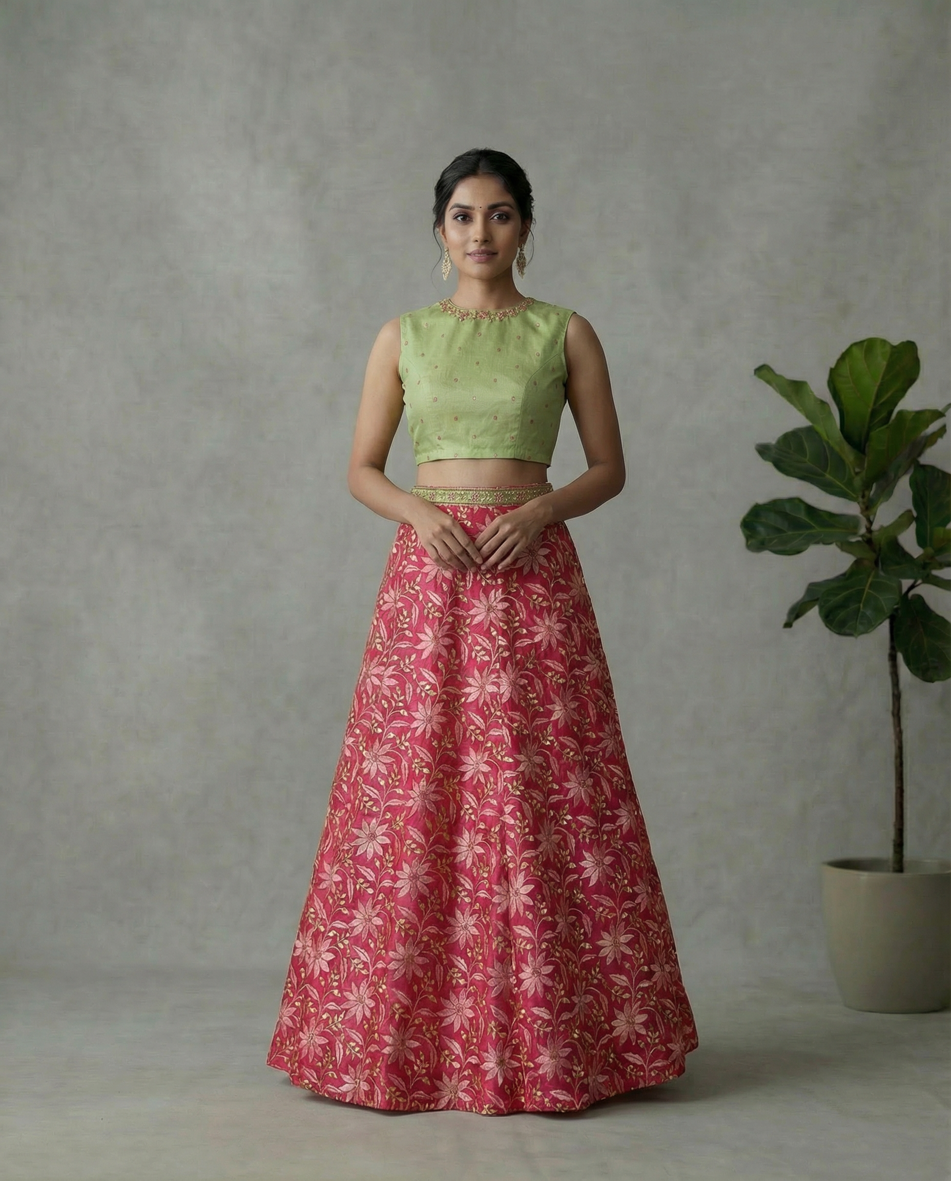 Pink Floral Skirt w/t Pastel Green Blouse